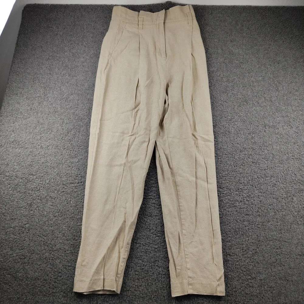 Zara Pants Womens Small Linen Tapered Beige High Waisted Pleated EUC